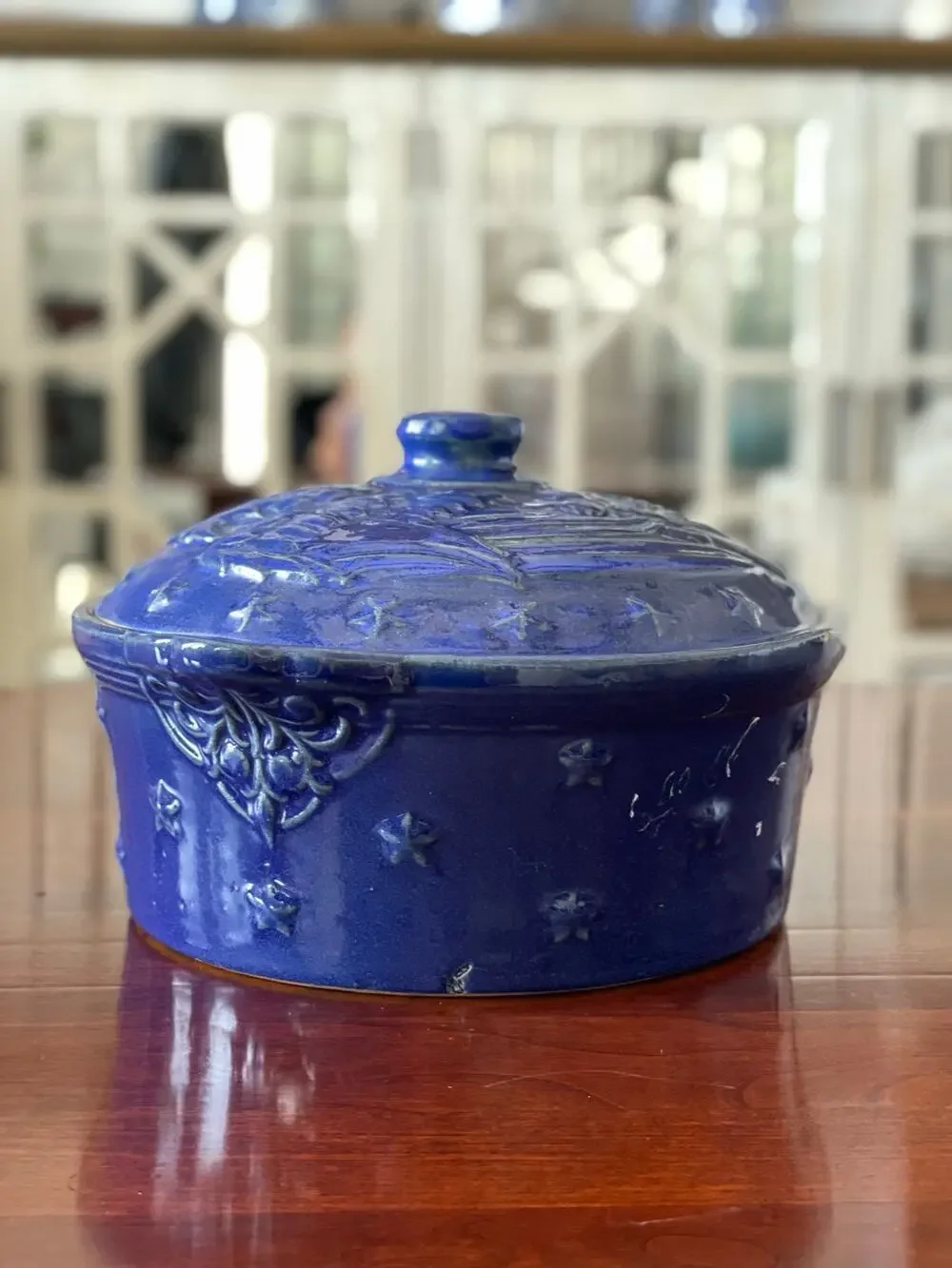 Handmade Blue Stoneware  1.5L Casserole Dish w/ Lid USA Crafted Patriotic Design